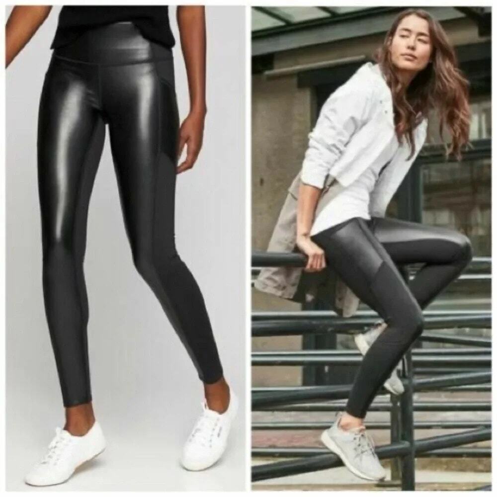 Athleta Gleam Chaturanga Faux Leather High Rise Pocket Leggings Pants Black XS